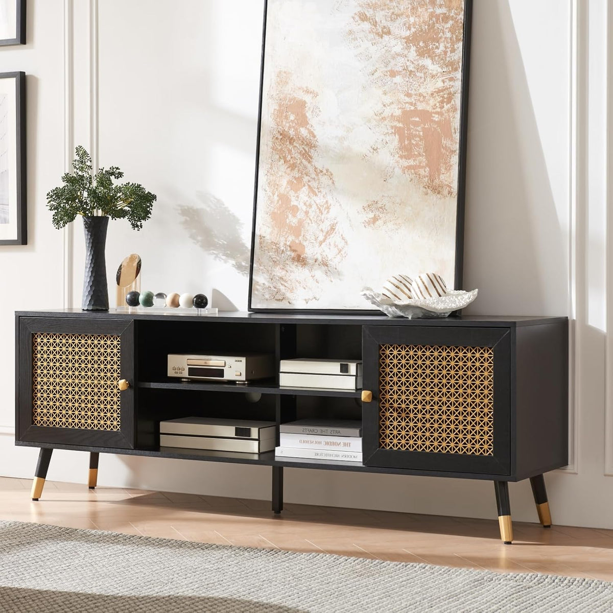 JYED Mid Century Modern TV Stand and Console for TVs Up to 75" - Black Entertainment Center, 2 Gold
