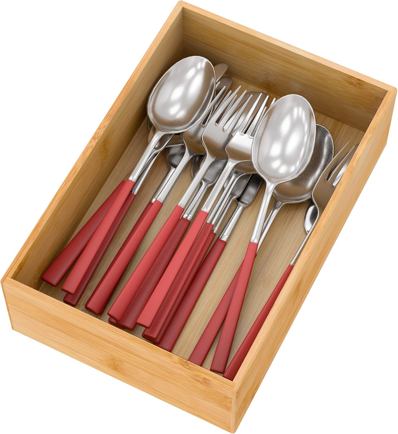 Bamboo Kitchen Drawer Organizer, Wooden Storage Box for Utensil Organizer Silverware Tray Cutlery