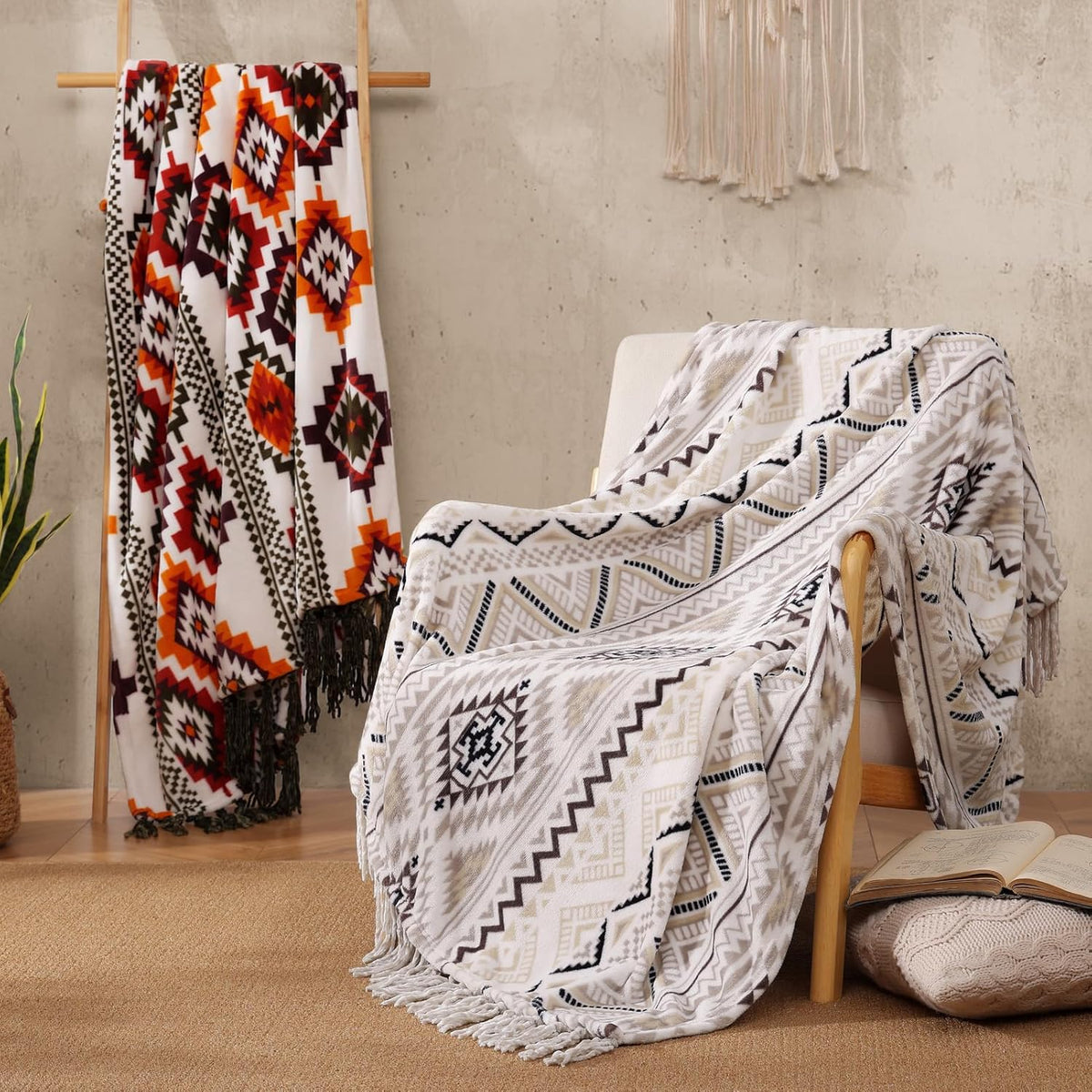 CASAAGUSTO Boho Throw Blanket - Beige and Gray Decorative Blankets with Tassel, Printed Flannel