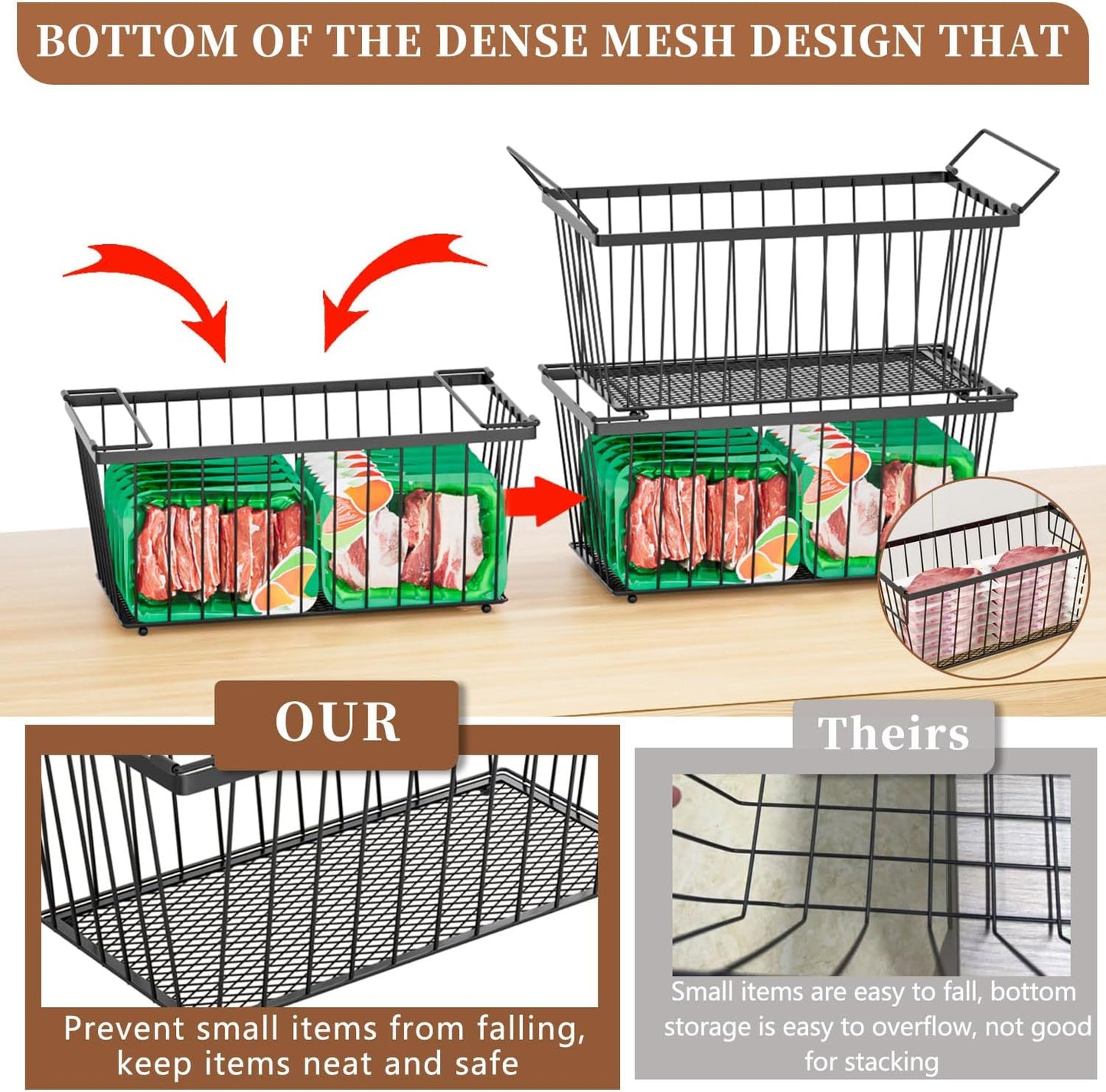5 Pack Stackable Deep Freezer Organizer Bins ，Upgraded Bottom Leak-Proof net，Encryption and