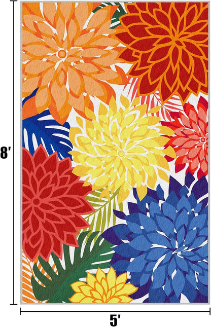 Indoor Outdoor Area-Rug Washable Multicolored Patio Rug Tropical Botanical Modern Floral Indoor