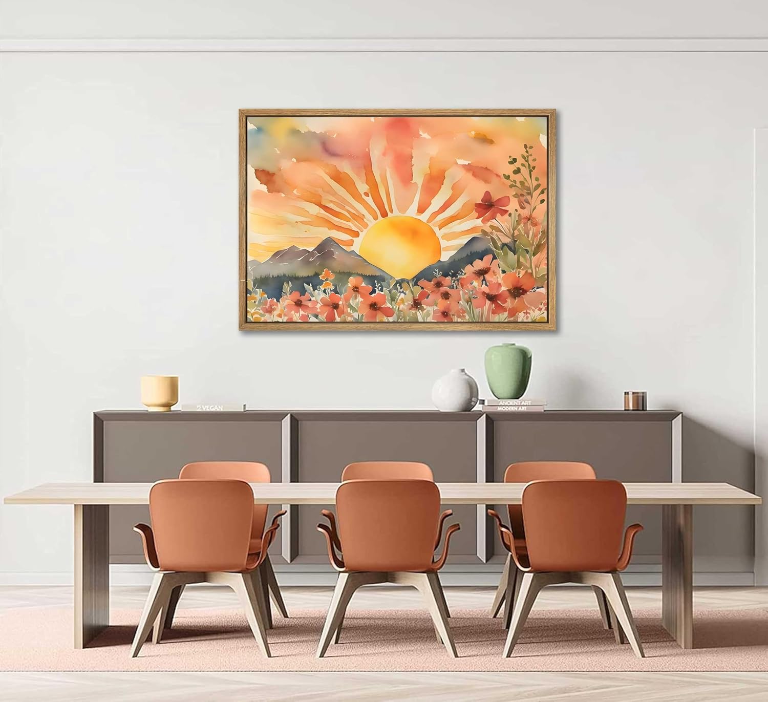 Framed Boho Sun Canvas Wall art Mid-Century Modern Abstract Bohemian Sunset in The Mountains