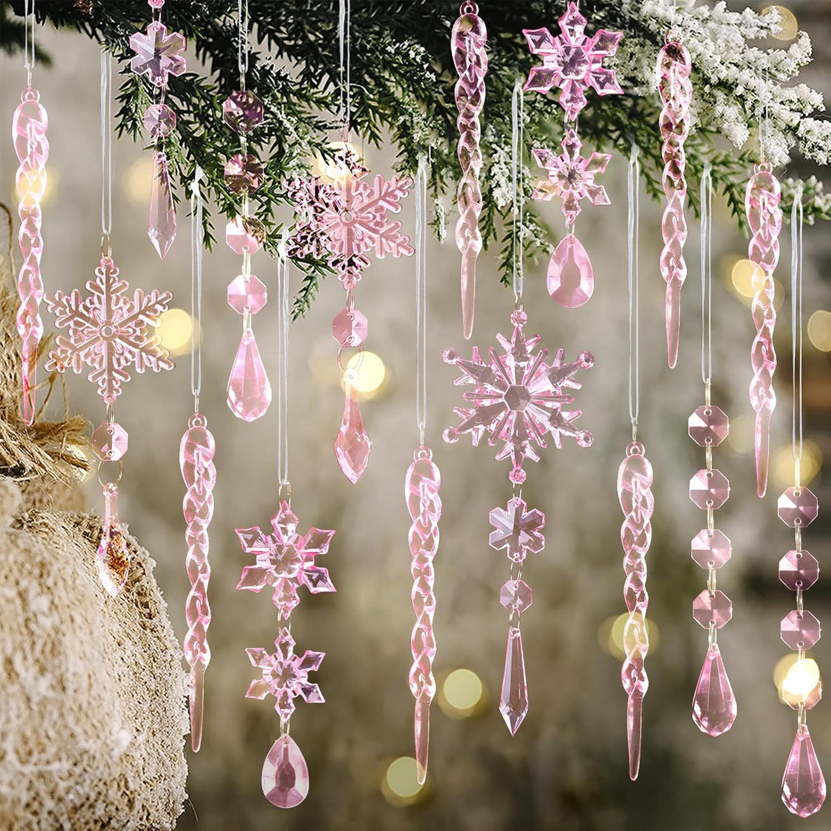 18pcs Crystal Christmas Ornaments for Christmas Tree Decorations-Pink Hanging Acrylic Snowflake and