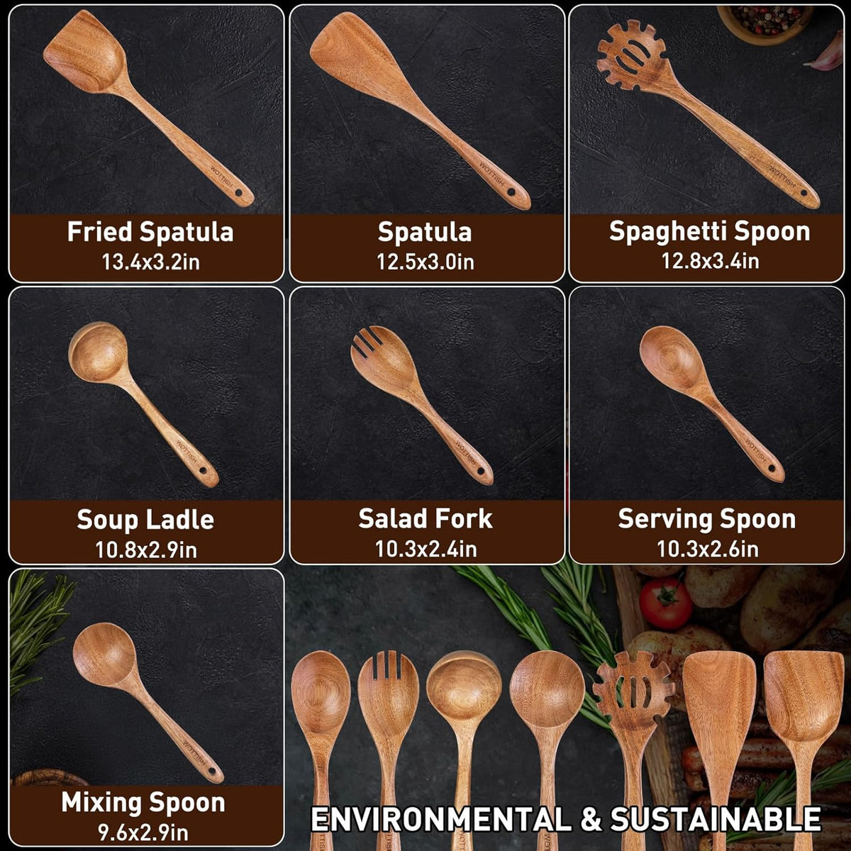 Wooden Utensil Set,WOTTISH 7Pcs Nonstick Wood Spatula,Wooden Kitchen Utensils Set Non Toxic,Wooden