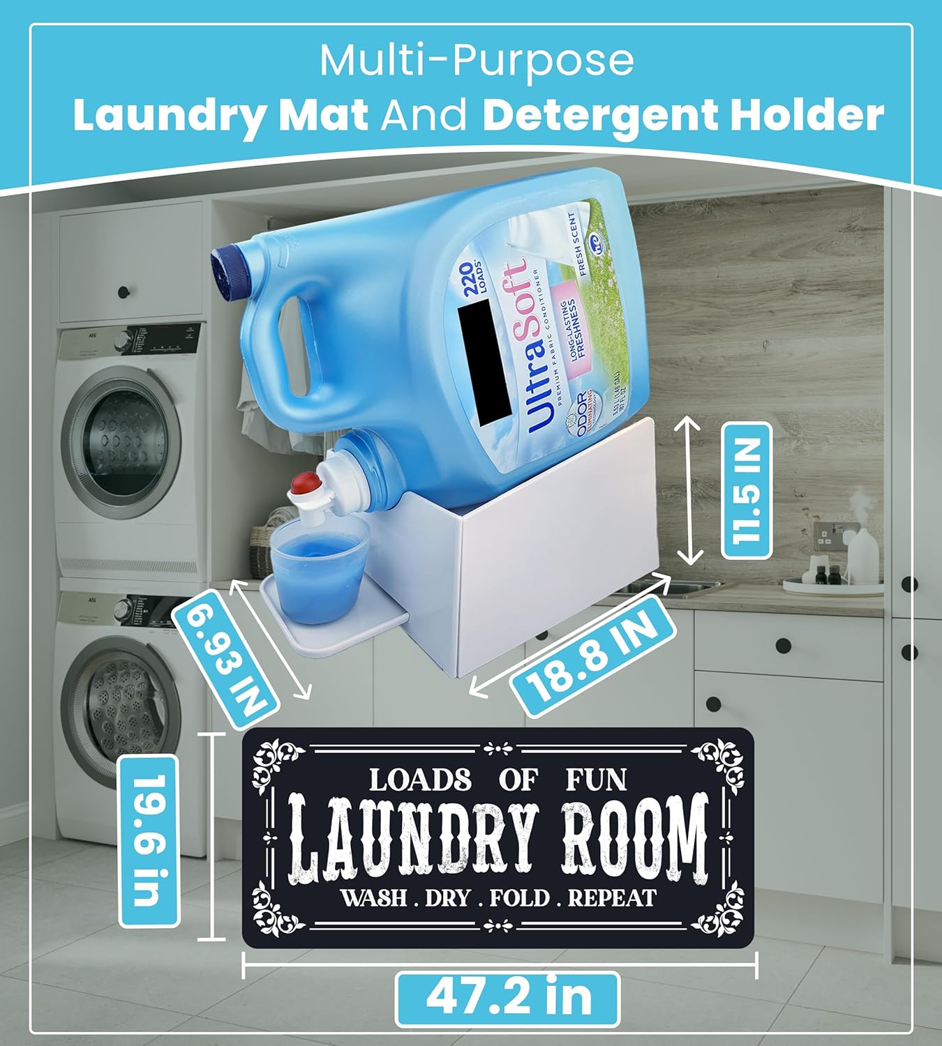 TidyFriend Laundry Detergent Holder with Laundry Room Rug Runner, Detergent Stand for Spill