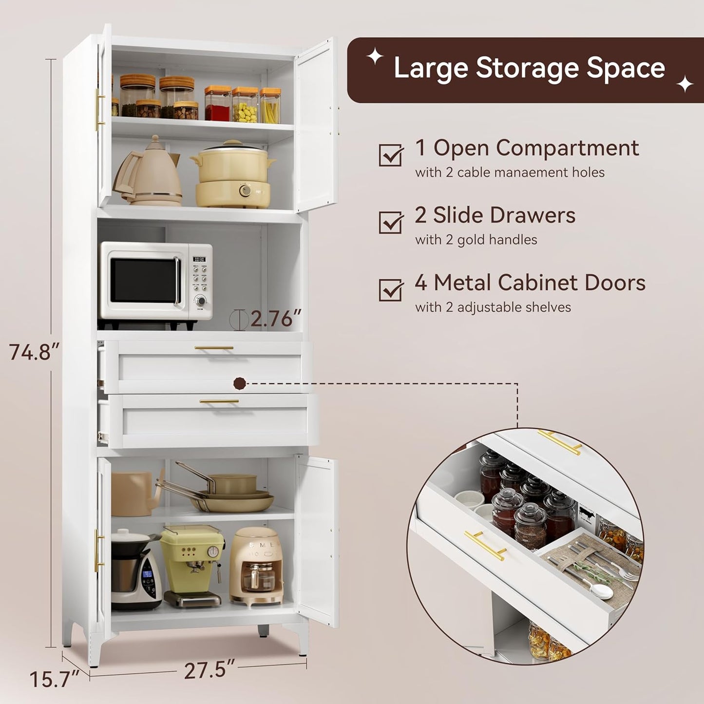 75” Tall Kitchen Pantry Storage Cabinet, Metal Bathroom Storage Cabinet with 2 Drawers and
