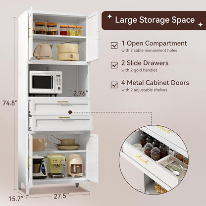 75” Tall Kitchen Pantry Storage Cabinet, Metal Bathroom Storage Cabinet with 2 Drawers and