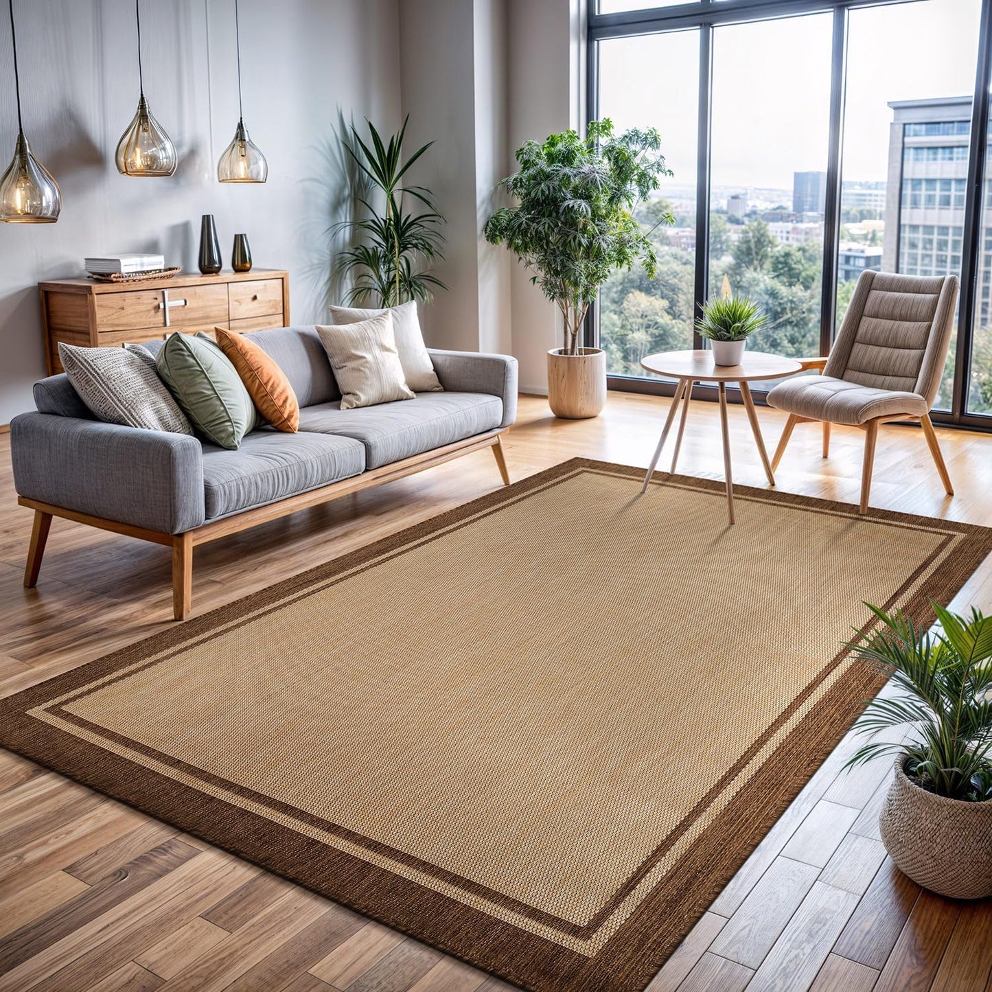 CAMILSON Outdoor Rug 9x12 Bordered Natural Brown Modern Area Rugs for Indoor and Outdoor Patios