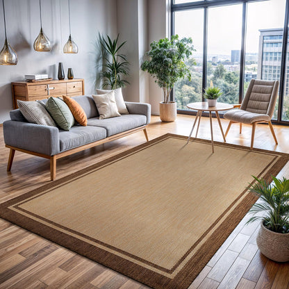 CAMILSON Outdoor Rug 9x12 Bordered Natural Brown Modern Area Rugs for Indoor and Outdoor Patios