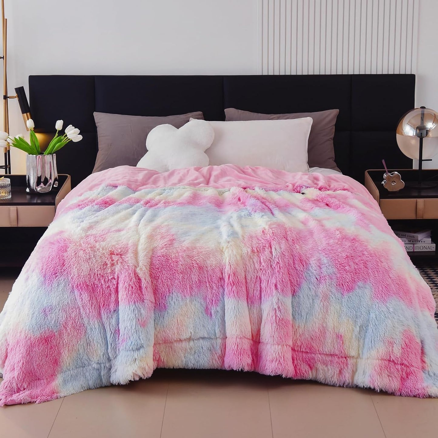 GONAAP Fuzzy Faux Fur Throw Blanket Queen Size Tie-dye Rainbow Super Soft Cozy Plush Fuzzy Shaggy