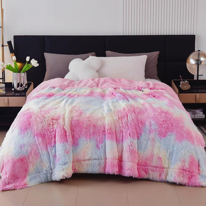 GONAAP Fuzzy Faux Fur Throw Blanket Queen Size Tie-dye Rainbow Super Soft Cozy Plush Fuzzy Shaggy
