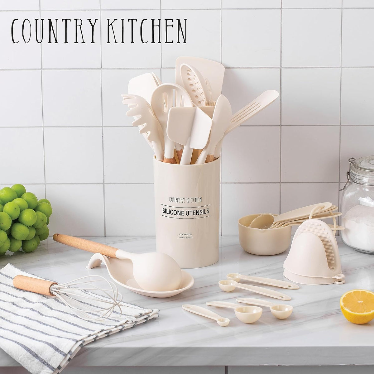 Country Kitchen Non Stick Silicone Utensil Set with Rounded Wood Handles for Cooking and Baking, 38