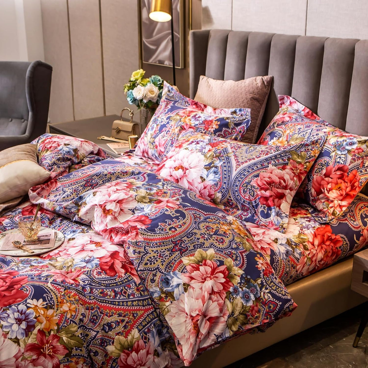 ABREEZE Colorful Floral Duvet Cover Queen 100% Cotton Flower Duvet Cover 3 Piece Set 1