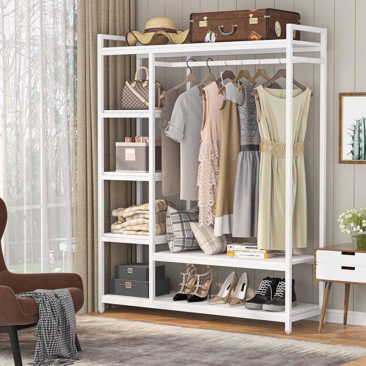 LITTLE TREE Free Standing Wood Closet Clothes Rack,Heavy Duty Grament Rack with Shelves,Hanging