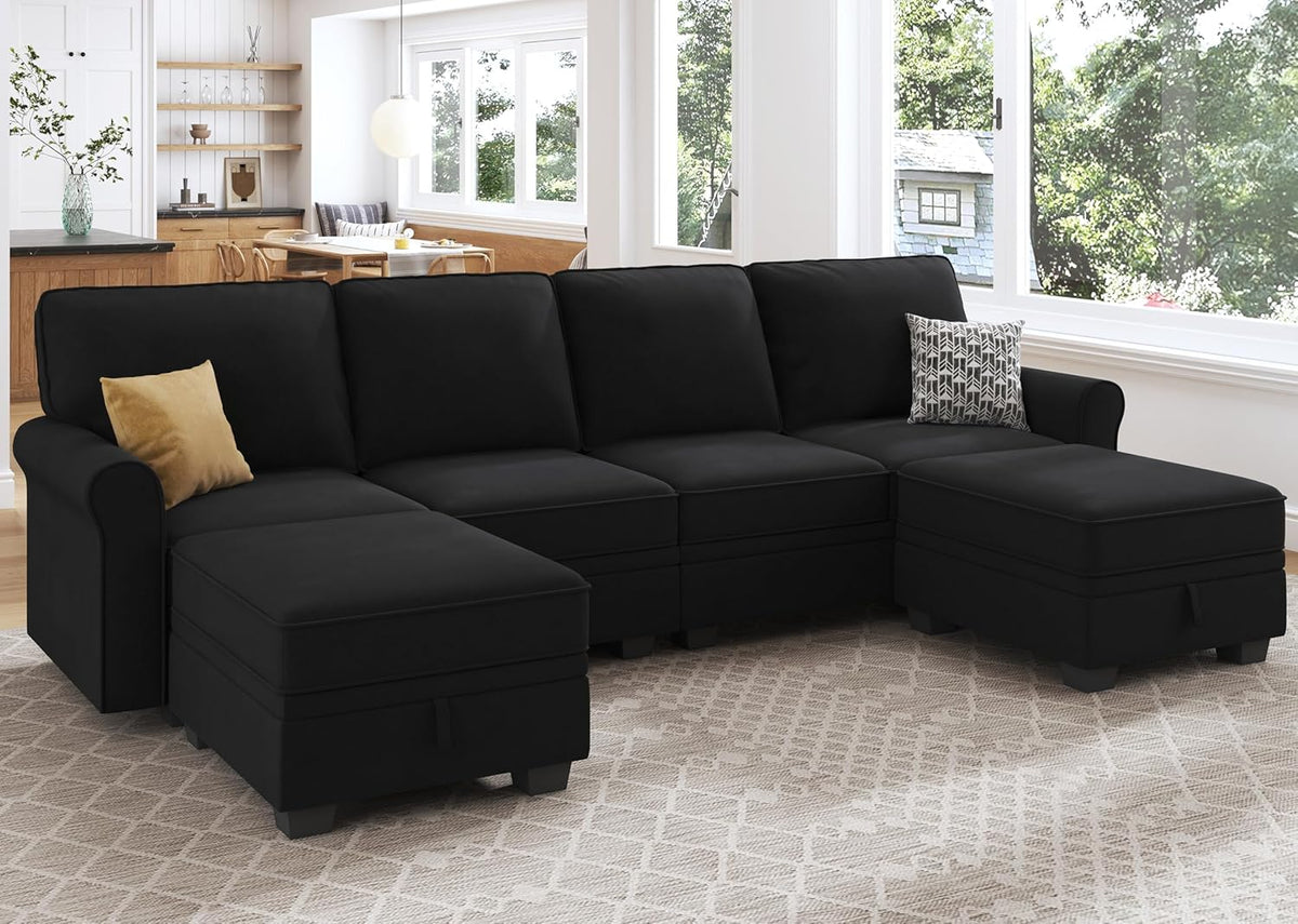 HONBAY Sectional Sofa with Storage Seat Velvet U Shaped Couch with Reversible Chaise Convertible