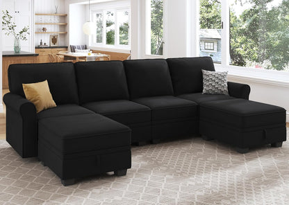 HONBAY Sectional Sofa with Storage Seat Velvet U Shaped Couch with Reversible Chaise Convertible