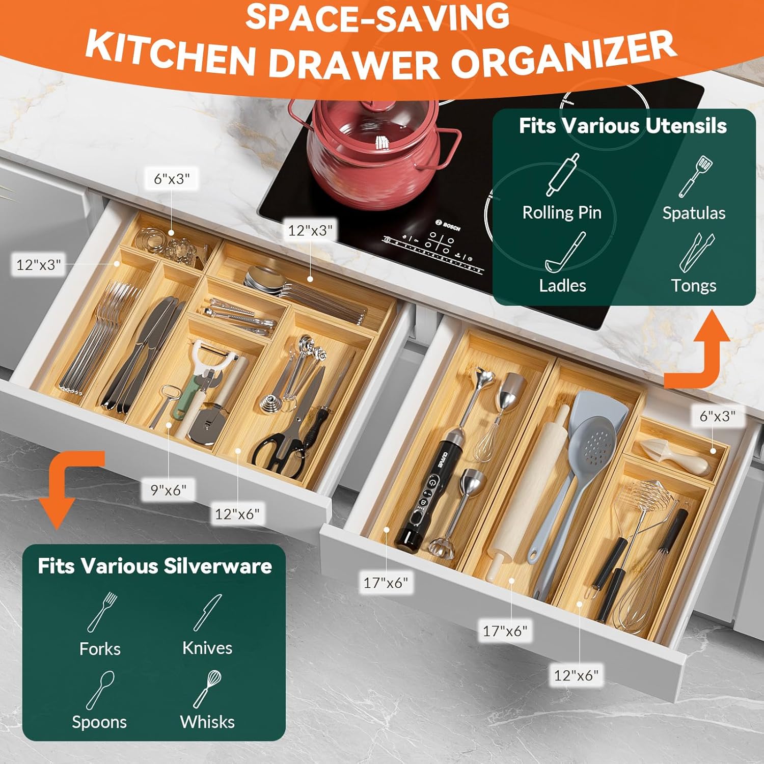 Bamboo Drawer Organizer, Cutlery Silverware Organizer for Kitchen Drawer, Stackable Utensil
