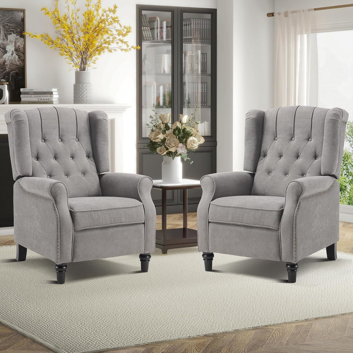 EBELLO 2 Pcs Pushback Recliner Chairs, Fabric Armchair Push Back Recliner with Rivet Decoration