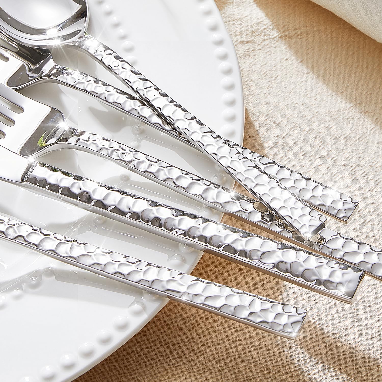 KINGSTONE 30 Piece Hammered Silverware Set, 18/10 Stainless Steel Flatware Set for 6, Cutlery Set