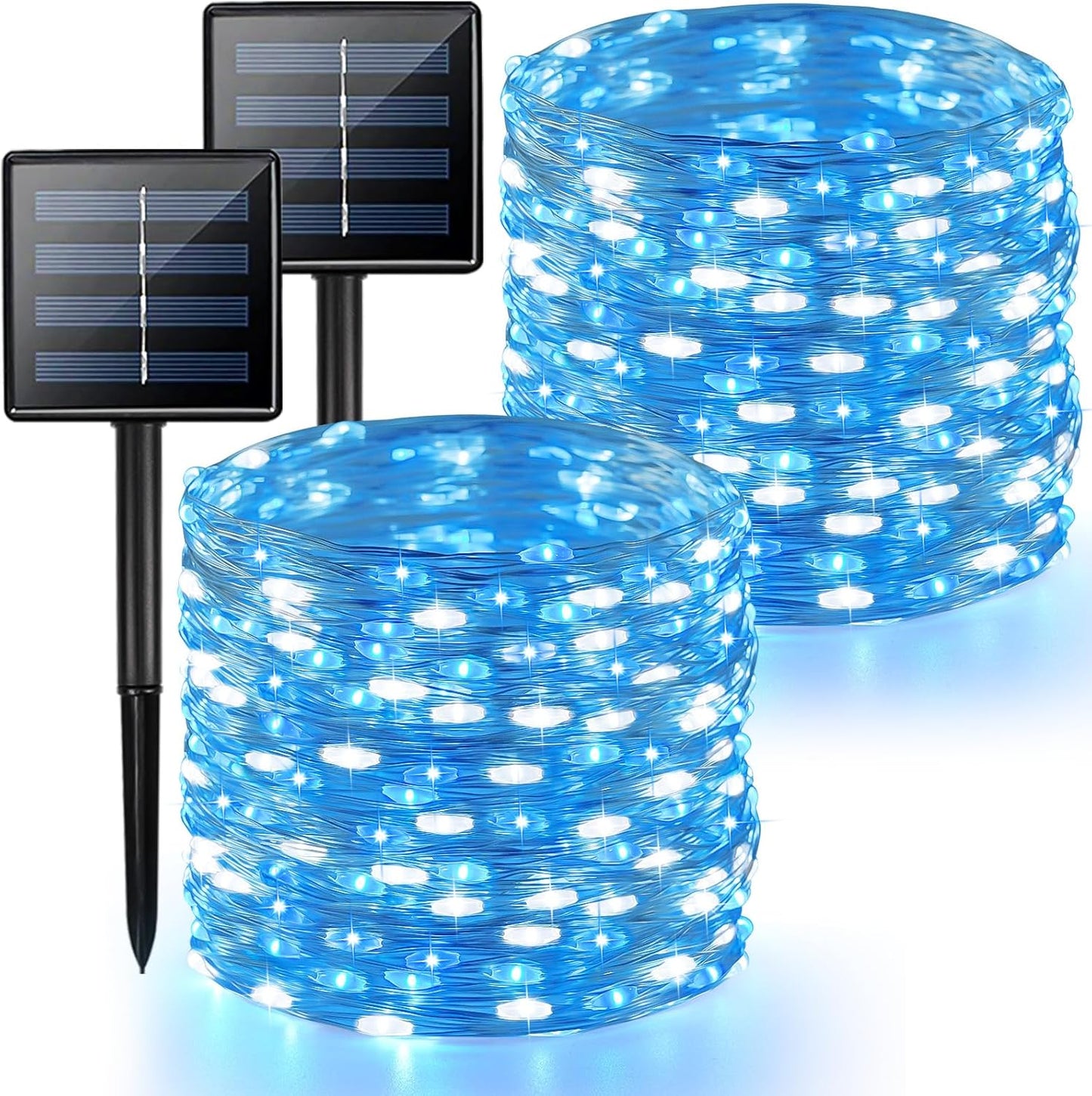 2 Pack Blue and White Solar String Lights Outdoor, 80FT 200 LED Waterproof Silver Wire Fairy Light