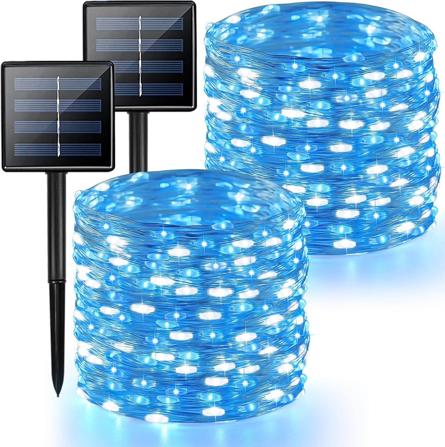 2 Pack Blue and White Solar String Lights Outdoor, 80FT 200 LED Waterproof Silver Wire Fairy Light