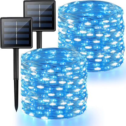 2 Pack Blue and White Solar String Lights Outdoor, 80FT 200 LED Waterproof Silver Wire Fairy Light