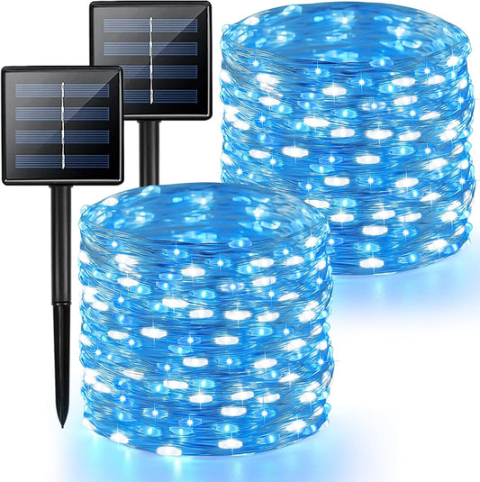 2 Pack Blue and White Solar String Lights Outdoor, 80FT 200 LED Waterproof Silver Wire Fairy Light