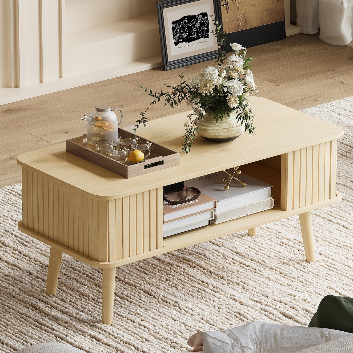 LAZZO Coffee Table with Storage Center Table for Living Room Rectangle Coffee Table with Rounded