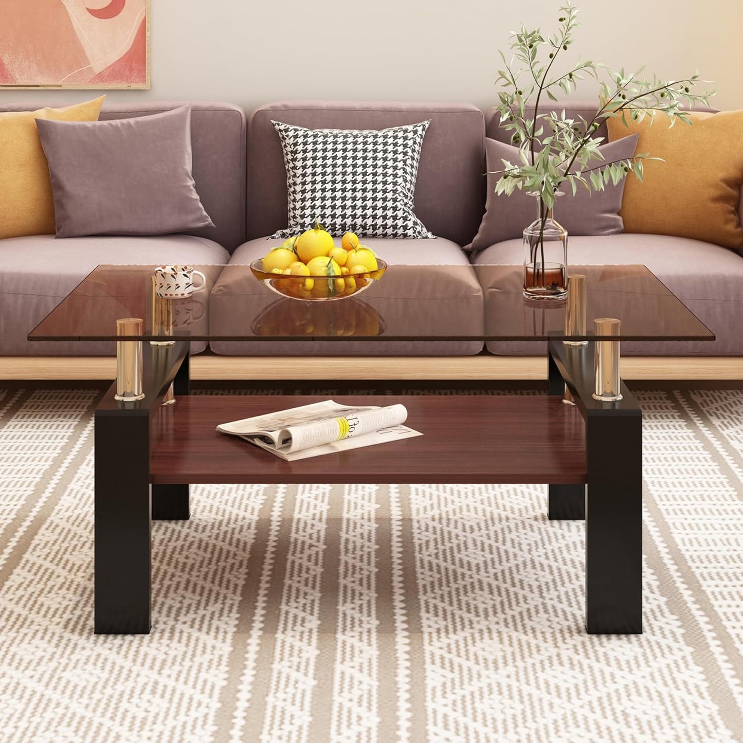 39" Brown Glass Coffee Table Walnut Modern Living Room Center Table Rectangle, with Wooden MDF