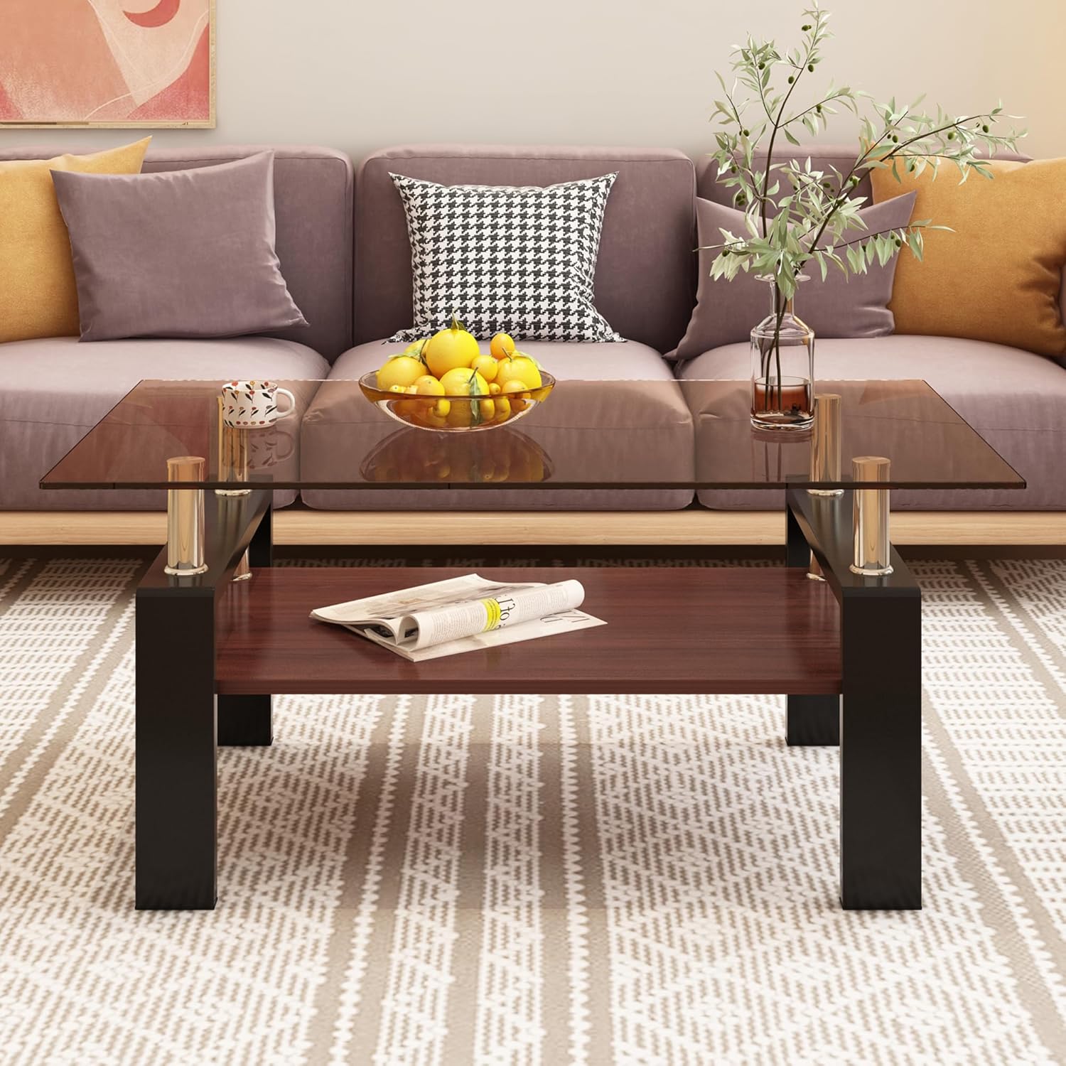 39" Brown Glass Coffee Table Walnut Modern Living Room Center Table Rectangle, with Wooden MDF