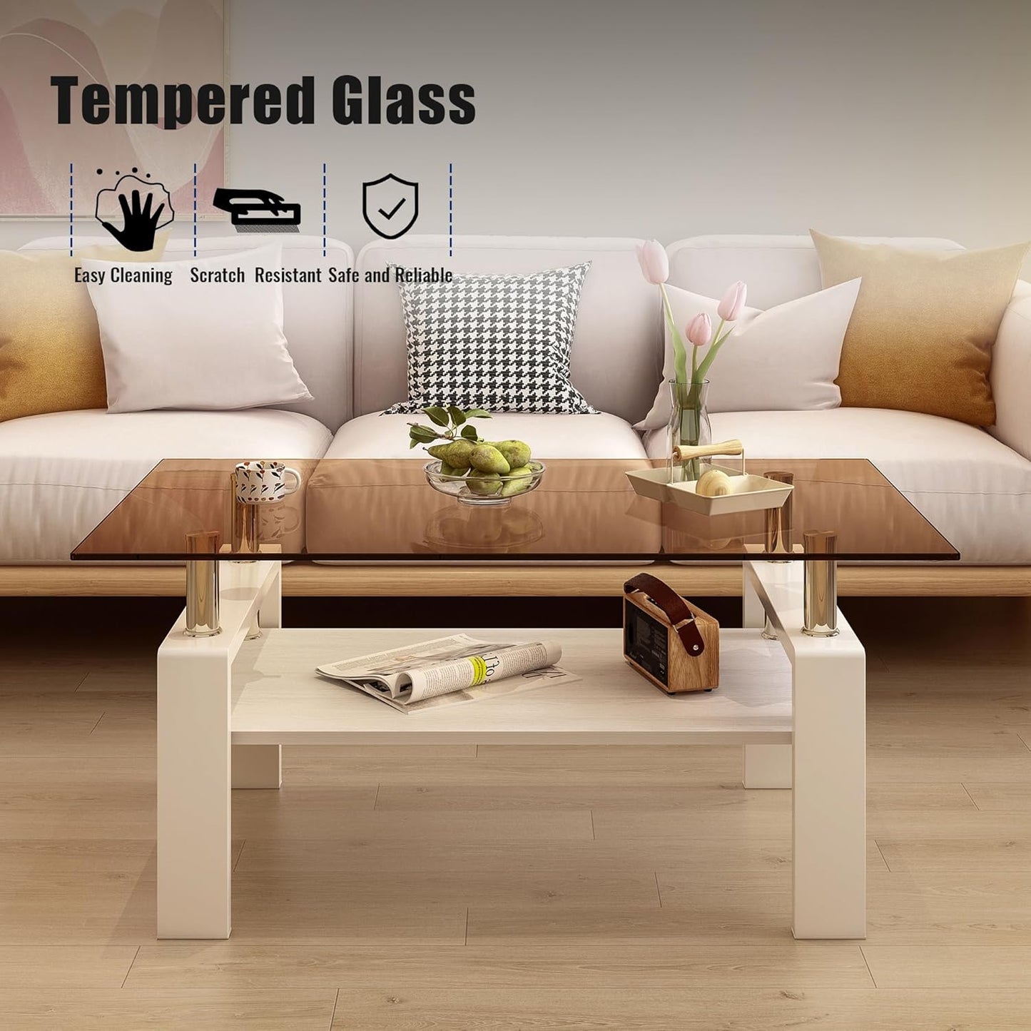 Glass Coffee Table Rectangle Living Room Center Table, with Brown Tempered Glass Tabletop and White