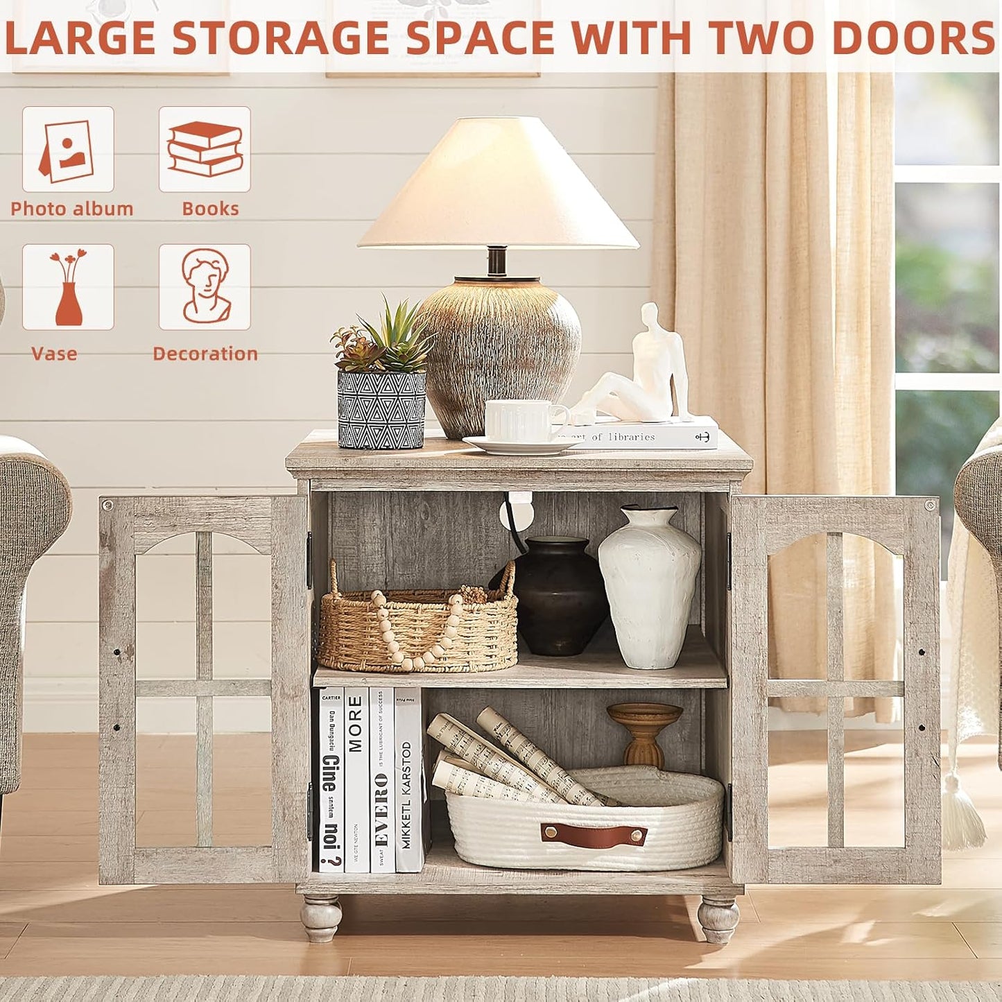 Farmhouse 24" End Table Set of 2 with Charging Station, Large Sofa Side Table with Glass Barn