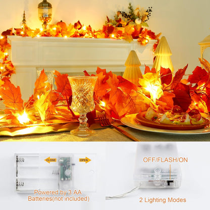 Joyhalo 2 Pack Fall Garland with Lights, Fall Leaves for Mantle, Outdoor Lighted Up Leaf Garland