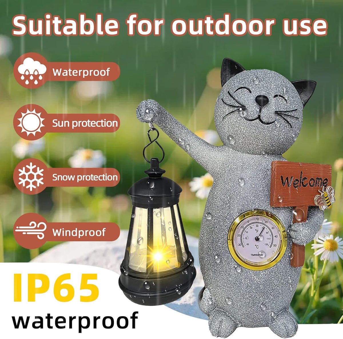 Solar Cat Outdoor Statues for Garden-Creative Thermometer-Lantern-Welcome Sign, Suitable for Yard