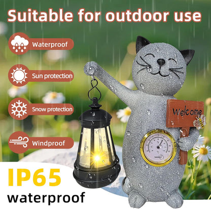 Solar Cat Outdoor Statues for Garden-Creative Thermometer-Lantern-Welcome Sign, Suitable for Yard