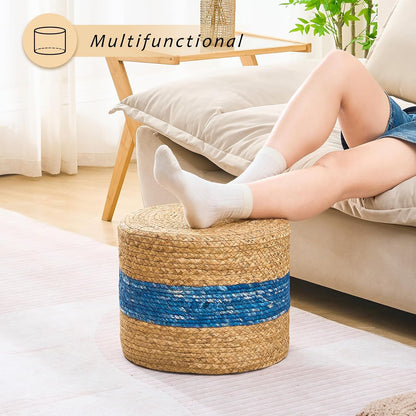 Handwoven Water Hyacinth Ottoman Pouf, Round Outdoor Footstool with Sturdy Frame, No Assembly