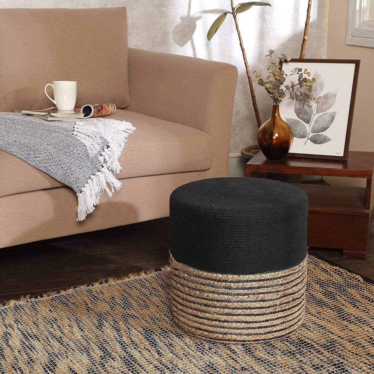 REDEARTH · Cylindrical Pouf Ottoman - Braided Pouffe Accent Sitting Round Footrest for Living Room