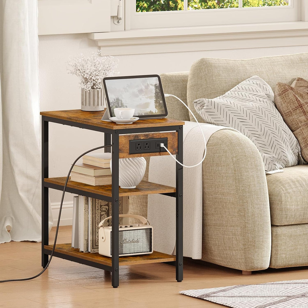 HOOBRO End Table with Charging Station, Simple Rustic Side Table with 3-Tier Storage Shelf, Narrow