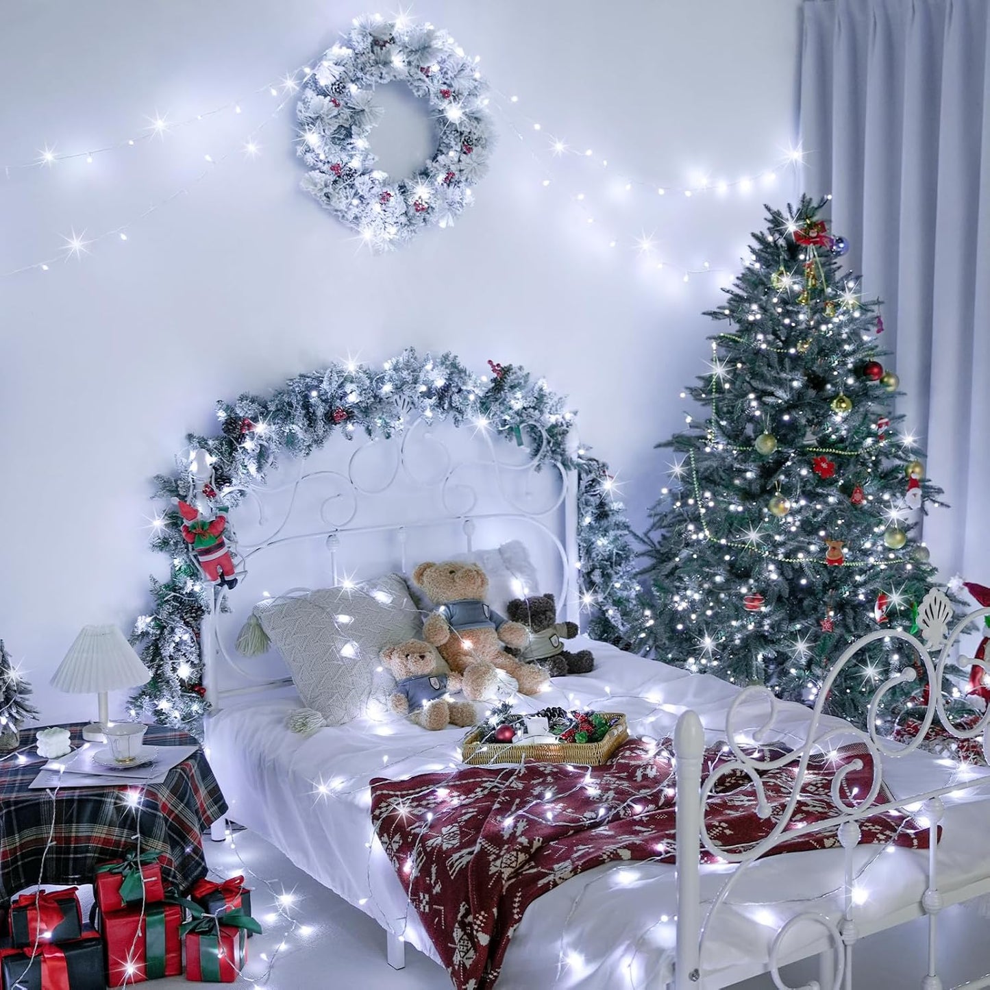 JMEXSUSS 33ft 100 LED White Christmas Lights, 8 Modes Connectable Clear Wire Twinkle Fairy String
