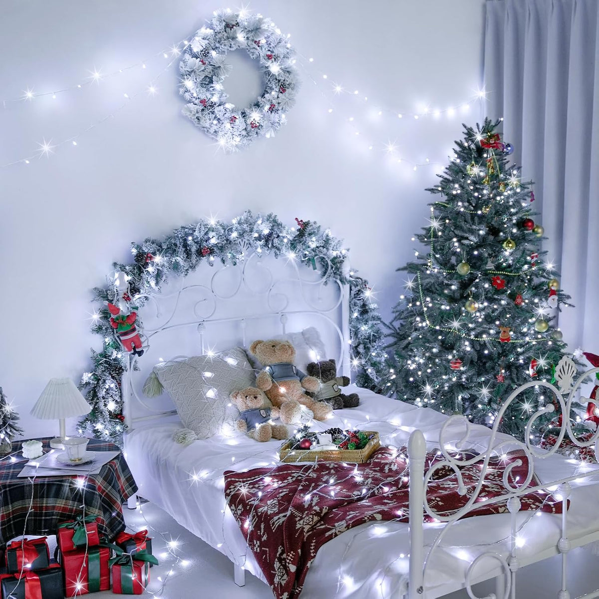 JMEXSUSS 33ft 100 LED White Christmas Lights, 8 Modes Connectable Clear Wire Twinkle Fairy String