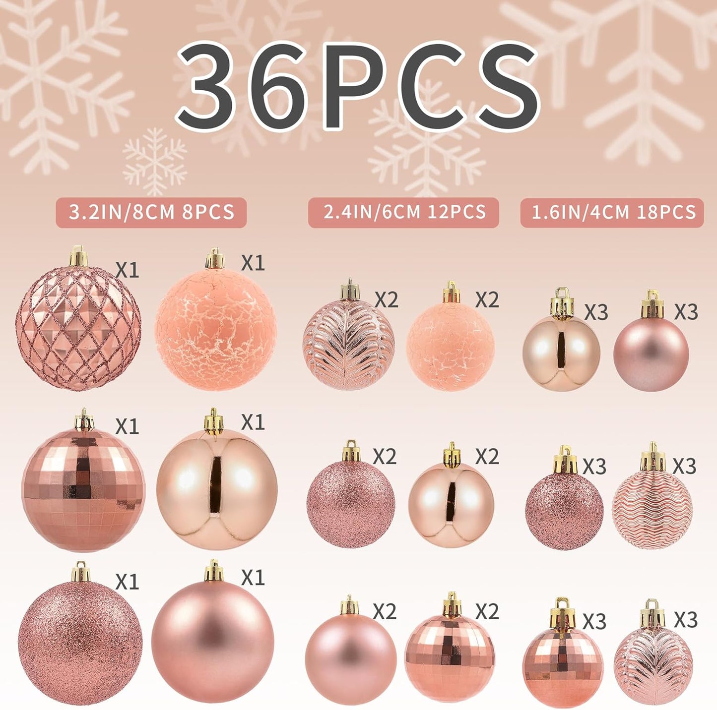 LANGXUN 36pcs Rose Gold Christmas Tree Decorations Balls, Bolas De Navidad, 2025 Christmas Decor