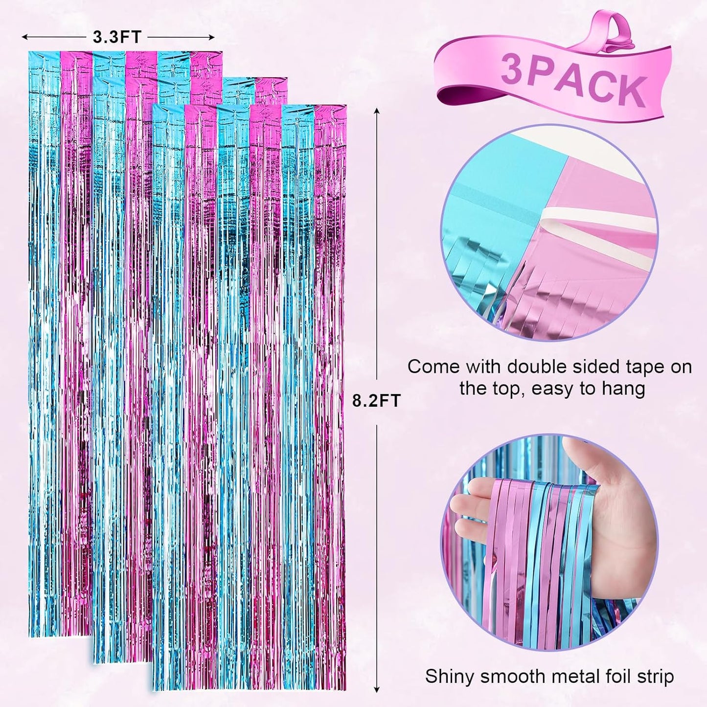 3 Pack 3.3x8.2 Feet Blue and Pink Foil Fringe Backdrop Curtains, Tinsel Streamers Birthday Party
