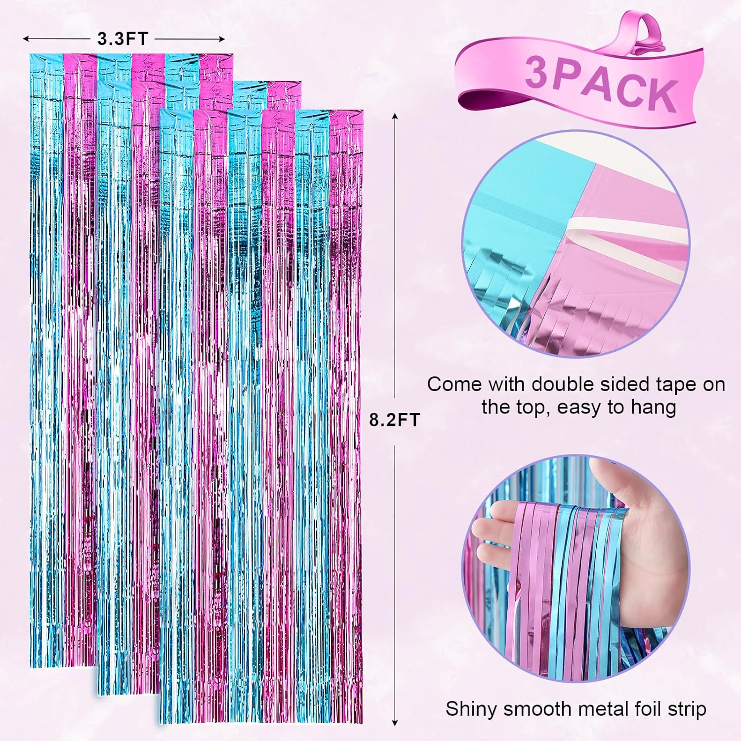 3 Pack 3.3x8.2 Feet Blue and Pink Foil Fringe Backdrop Curtains, Tinsel Streamers Birthday Party
