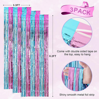 3 Pack 3.3x8.2 Feet Blue and Pink Foil Fringe Backdrop Curtains, Tinsel Streamers Birthday Party