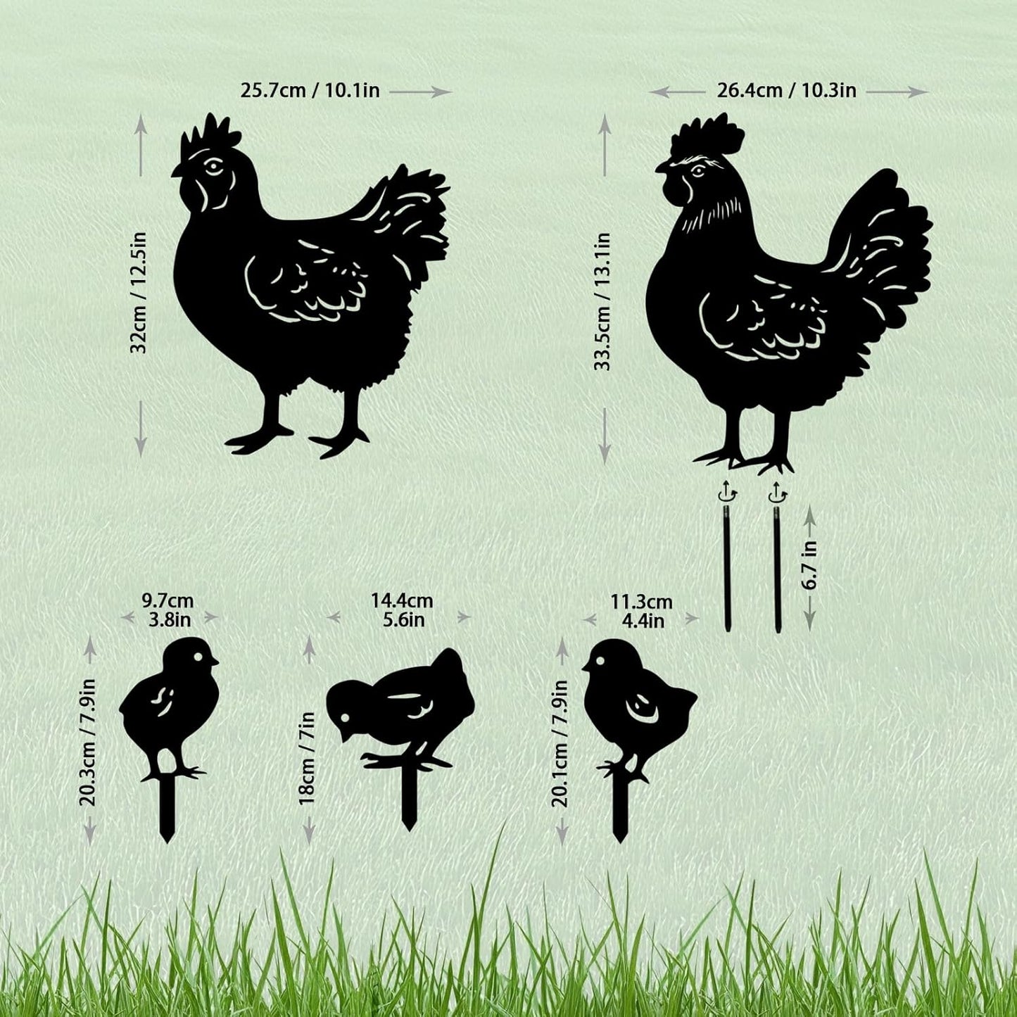 5 Pack Chicken Metal Garden Decorative Stakes, Weather Proof Silhouette Statues for Yard