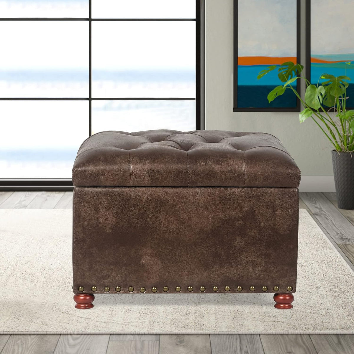 24'' Leather Ottoman with Storage Rectangle Foot Rest Ottomans Stool for Living Room(Brown,Leather