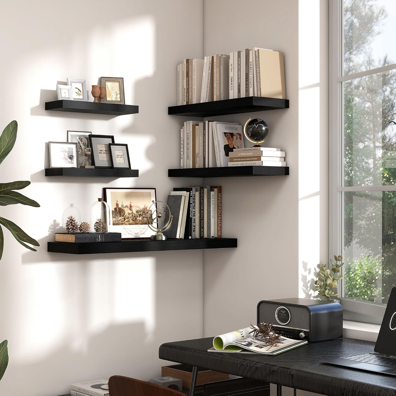 Heimlove 24 inch Floating Shelves for Wall,9.3 inch deep Black Wood Shelves with Invisible