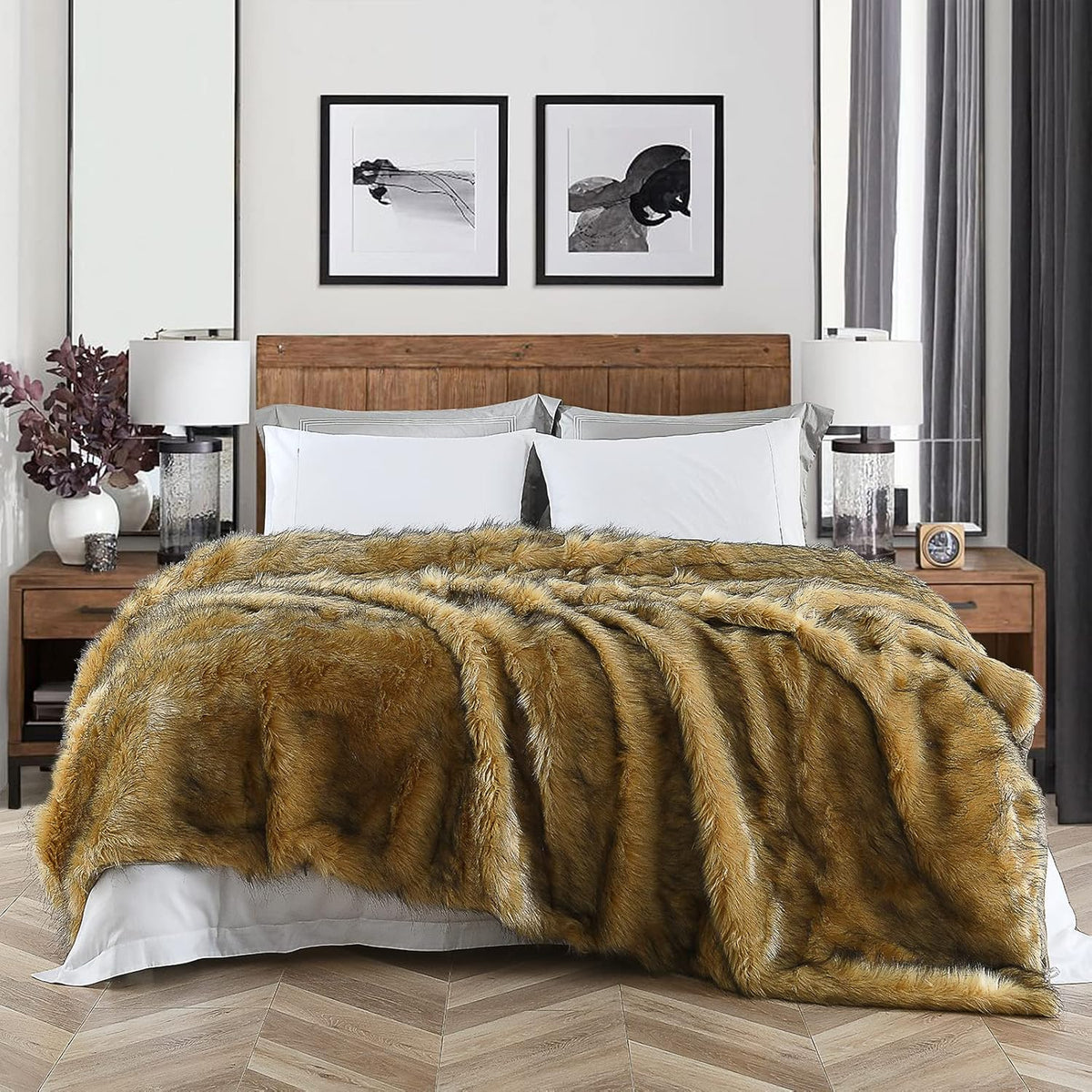 Luxury Plush Faux Fur Blanket King Size, Long Pile Golden Yellow with Black Tips Throw, Oversized