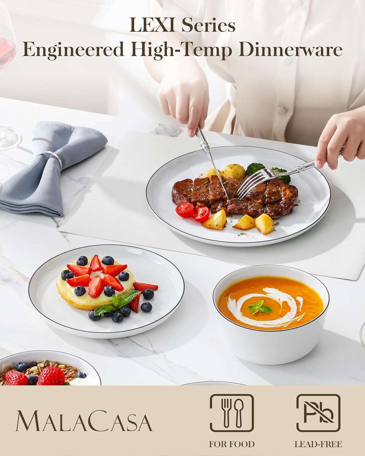 MALACASA 18 Pieces Gourmet Porcelain Dinnerware Sets, Premium Plates and Bowls Set, High-Fired