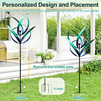 Outdoor Wind Spinners with Solar Light, 82'' Metal Large Spinner Yard Art, Peacock Blue Wind